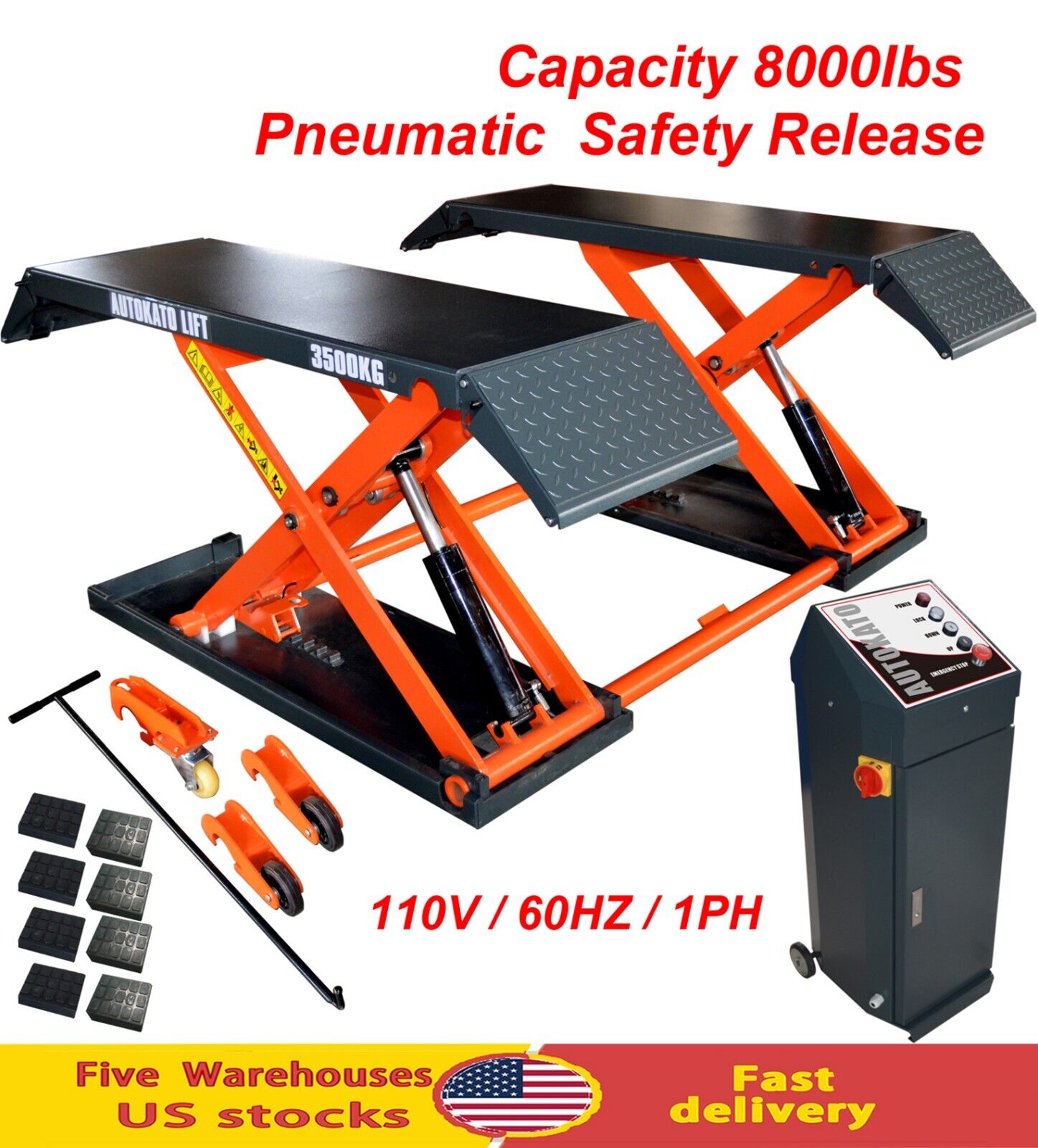 AUTOKATO Mid Rise Scissor Lift 8000lbs Penumatic Release Auto Lift 110V/1PH